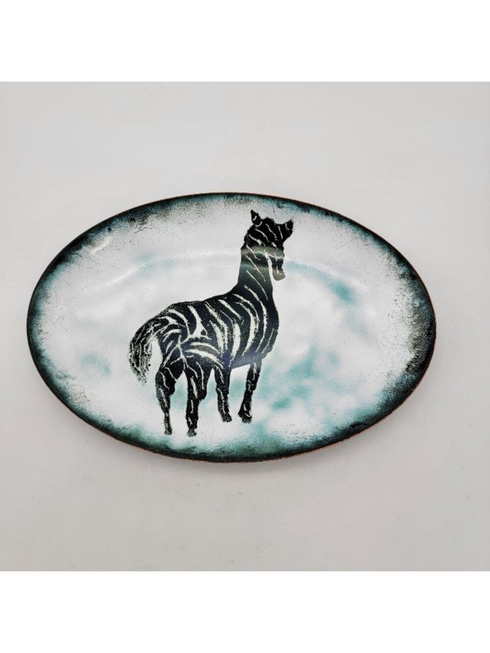 Vintage Signed 1972 Hand Painted Enamel Over Copper Zebra Dish Plate